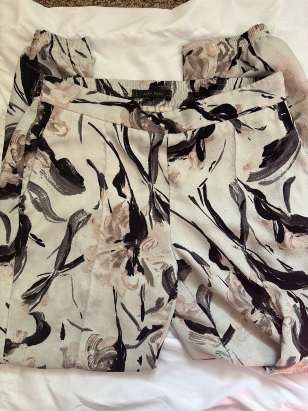 Zara Beige and Black Abstract Floral Wide-Leg Pants